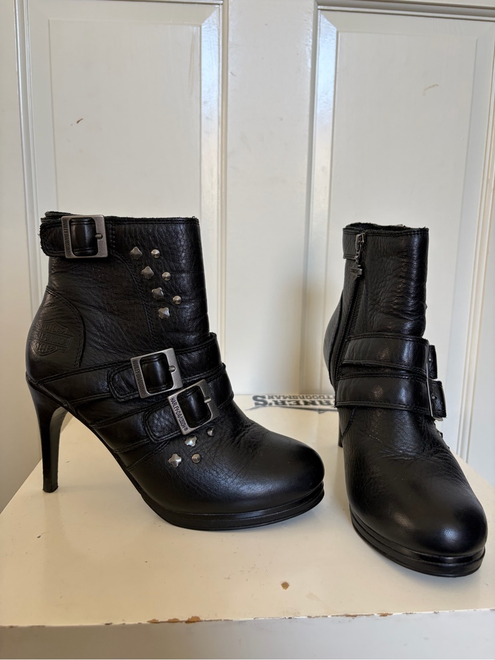 Harley-Davidson Women's Black Leather Buckle Ankle Booties with Stud Accents